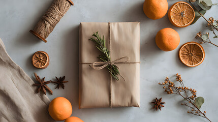 Rustic Gift Wrapping Flat Lay: Kraft Paper Package with Orange Accents