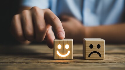 Person's Finger Selects Wooden Cube with Glowing Happy Face Over Sad Face emotion feeling