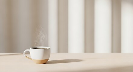 Obraz premium Steaming hot coffee in a white mug sitting on a light beige table with sunlight streams casting shadows on a white wall in an indoor environment during daytime cup, morning, hot, beverage, caffeine, d