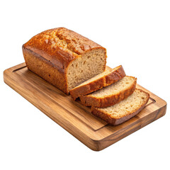 Deliciously baked banana bread loaf sliced on a wooden cutting board isolated on transparent background