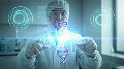 Scientist in lab examining glowing DNA strand with digital overlay, showcasing advanced research technology - Powered by Adobe