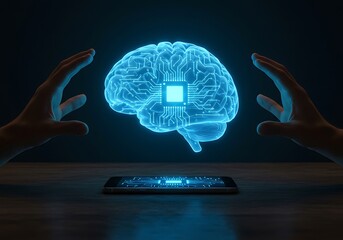Human Brain Connected to Technology, Futuristic Concept. Generative Ai