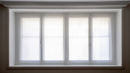 Fototapeta premium A rectangular window with sliding blinds partially covering the view,