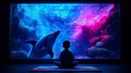 A mesmerized boy observes a playful dolphin swimming in a vibrant, colorful aquarium filled with corals and sea life