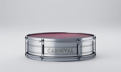 Chrome Snare Drum with "Carnival" Inscription on a White Background