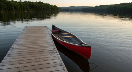 A tranquil scene of a red canoe moored at a wooden pier on a calm, reflective lake during a peaceful summer morning