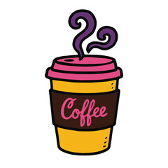 Hand-drawn coffee cup with steam, hot beverage, take-out cup, casual style