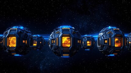 Futuristic sci-fi spheres glowing in the depths of space with vibrant orange cores and intricate metallic designs