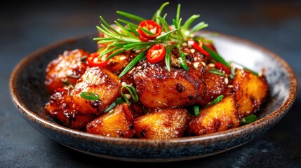 A gourmet serving of sweet and spicy glazed potatoes garnished with herbs and chili, showcasing a mouthwatering dish that attracts attention with its vibrant visuals.