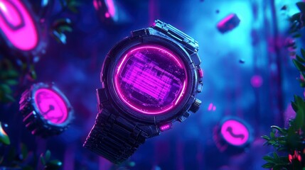 Futuristic digital watch surrounded by glowing elements in a vibrant blue and pink neon-infused environment