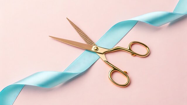 Golden Scissors Cutting a Light Blue Ribbon Against a Pink Background, Symbolizing New Beginnings and Fresh Starts.