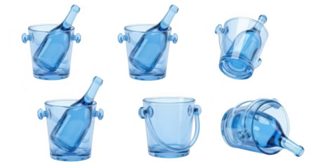 Transparent icy bottles chill in decorative buckets on white background suggesting refreshment and celebration