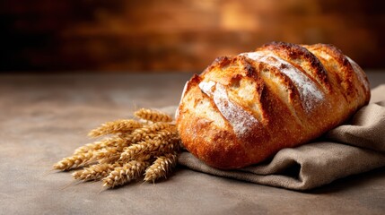 A rustic loaf of freshly baked artisan bread placed elegantly with wheat stalks, highlighting the beauty of culinary craftsmanship and the comfort associated with home-cooked meals.