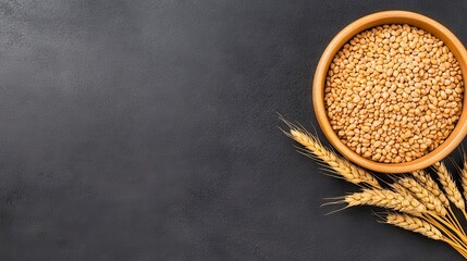 A wooden bowl filled with golden barley grains next to fresh wheat ears on a textured black surface for a rustic agricultural theme