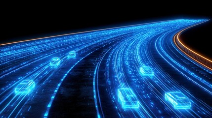 Futuristic highway with glowing neon blue and orange lights illuminating automated vehicles in motion at night