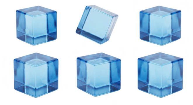 Transparent blue ice cubes arranged on a white backdrop with one rotated showcasing design elements for beverages or product visuals