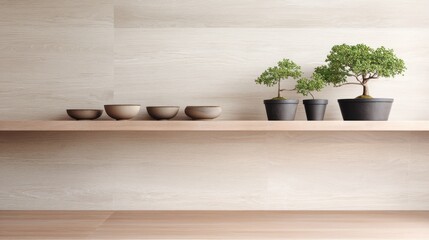 A wooden shelf against a wall displays a row of empty bowls and three potted bonsai plants,