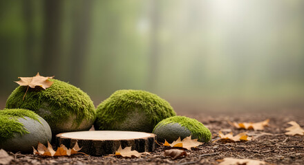 Mossy Stones and Autumn Leaves: A Forest Floor Still Life with Wooden Slice