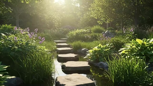 Serene garden pathway with stone steps leading through lush greenery and blooming flowers at sunrise