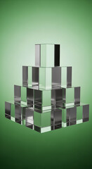 Stacked Clear Glass Cubes on Gradient Green Background, Abstract Geometric Composition