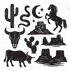 Linocut western boho set vector. Texture grunge Arizona rodeo graphics, bull, horse, snake, skull silhouette. © MDMONIR