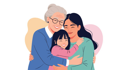 A heartwarming illustration depicting three generations of women sharing a tender embrace celebrating family love and connection through the ages