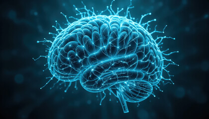 Fototapeta premium Glowing blue digital brain with neural connections and futuristic energy