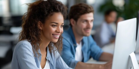 Young diverse professionals working together in modern office environment