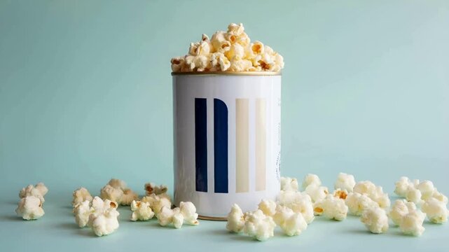 Buttery Popcorn in Stylish Tin Can on Light Blue Background