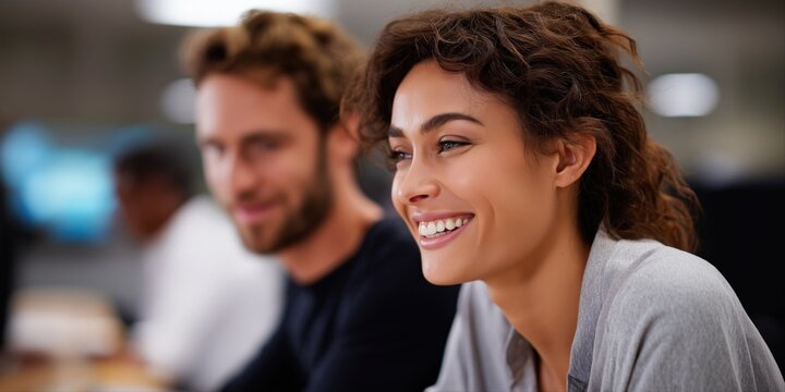 Happy hispanic female and caucasian male adults in office setting