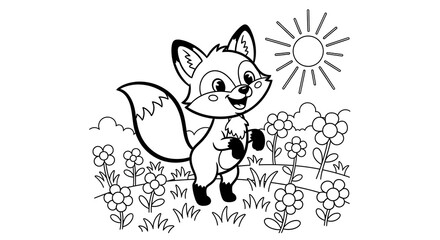 Cheerful Fox in a Field of Flowers Under a Bright Sunny Sky Coloring Page