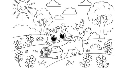 Cartoon Cat Playing with Yarn in a Sunny Meadow Coloring Page