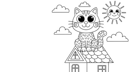Adorable Cartoon Cat Perched on a House Roof with Smiling Sun and Clouds