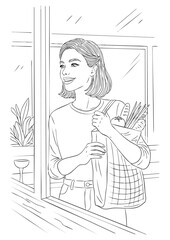 A young woman smiling while holding a reusable shopping bag filled with groceries. Daily Cafe Illustration.