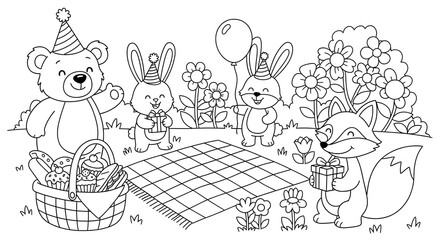 Whimsical Birthday Picnic: Bear, Bunnies, and Fox Celebrate with Gifts and Treats