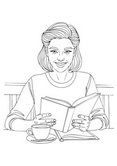 A young woman happily reading an open book at a table with a cup of coffee. Daily Cafe Illustration.