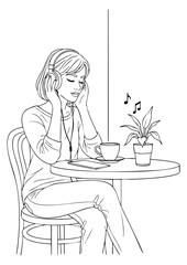 A young woman seated at a cafe table wearing headphones and listening to music. Daily Cafe Illustration.