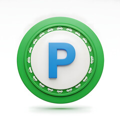 Parking Sign Large Blue Letter P in Green Circular Frame with Car Icons on White Background