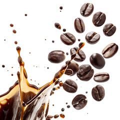 Obraz premium Roasted coffee beans splashing in delicious coffee, cut out