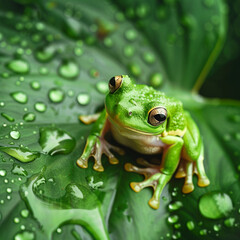 Obraz premium Tree Frog on Leaf with Water Droplets