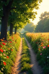 Naklejka premium A charming country lane, perfect for a romantic stroll, lined with lush greenery and vibrant wildflowers, bathed in the warm glow of golden sunlight , summer, peaceful