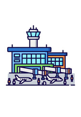 Modern Airport Terminal with Control Tower and Aircraft in Bright Colors