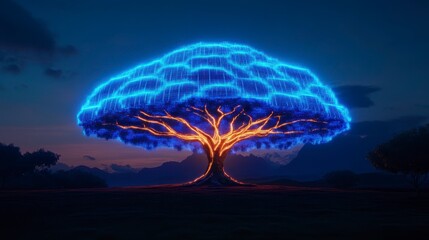 A stunning digital representation of a glowing tree at twilight, featuring a vibrant blue canopy and brilliant orange roots against a serene mountain backdrop
