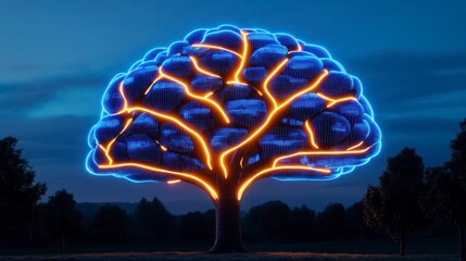 Futuristic tree with glowing neural pathways illuminated in blue and orange against a twilight sky, symbolizing connections and intelligence