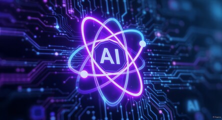 Futuristic AI Atom Symbol on a Glowing Circuit Board Background