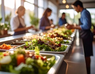 Obraz premium A buffet line featuring assorted salads and prepared dishes with people serving themselves
