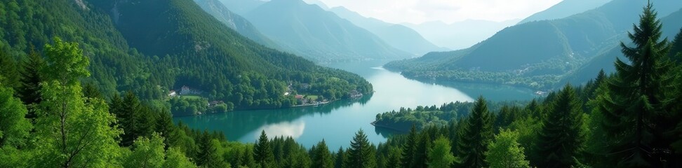 Fototapeta premium Dense forests interspersed with small villages, lakes gleam , landscape, nature, peaceful