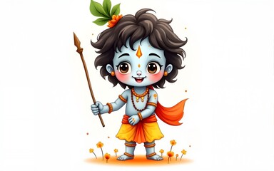 Cute watercolor splashes illustration of lord krishna for janmashtami. High quality