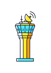 Colorful Air Traffic Control Tower with Satellite Dish and Antenna