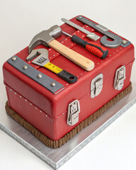A rugged cake designed like a red metal toolbox filled with edible tools